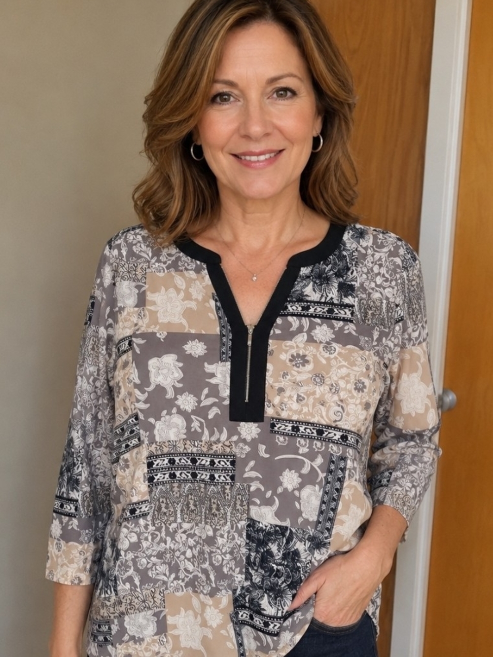 2/$25 Women’s Patchwork Print Zip-Front Top in Beige and Gray